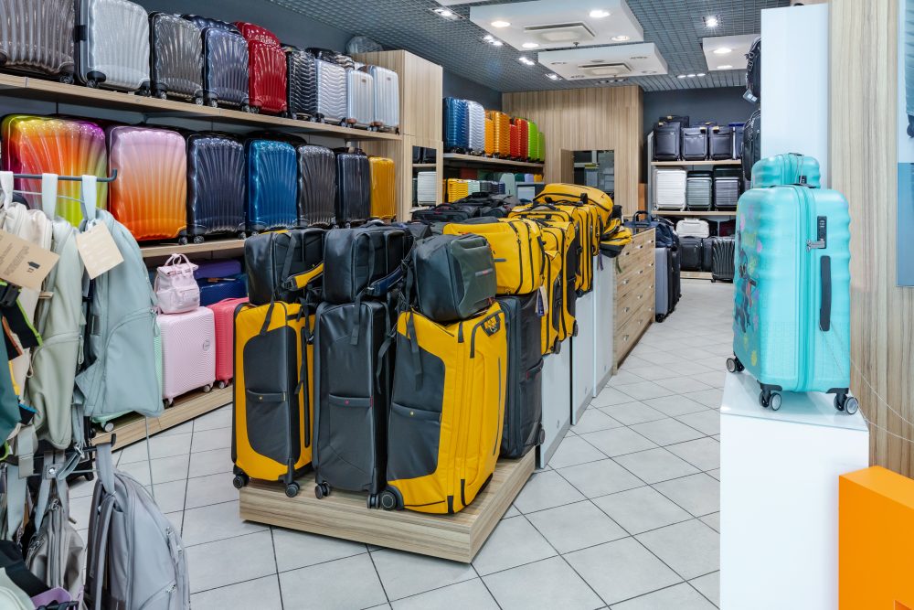 Wnętrze sklepu Samsonite z rzędami starannie wyeksponowanych walizek na podestach i regałach.