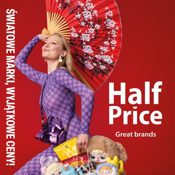 Na grafice przedstawiono kobietę z torbą pełną zakupów z HalfPrice. Materiał promuje nową, wiosenną kampanię marki.