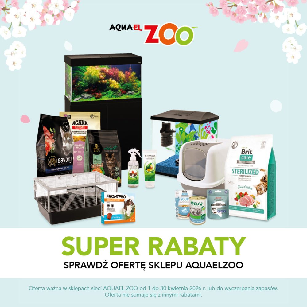 Na zdjęciu widoczne są różnorodne akcesoria oraz karmy dla zwierząt, a grafika informuje o atrakcyjnych rabatach dostępnych w sklepie Aqualzoo.