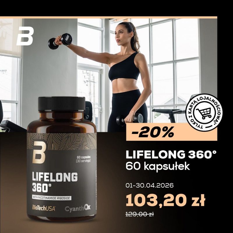 Zdjęcie produktowe nowości rynkowej LIFELONG od BioTechUSA z informacją o premierowym rabacie -20%.