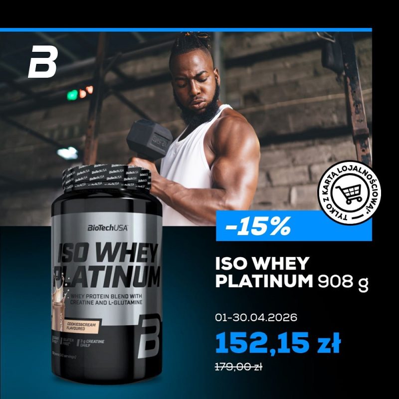 Grafika promocyjna sklepu BioTechUSA informująca o rabacie -15% na białko ISO Whey Platinum.