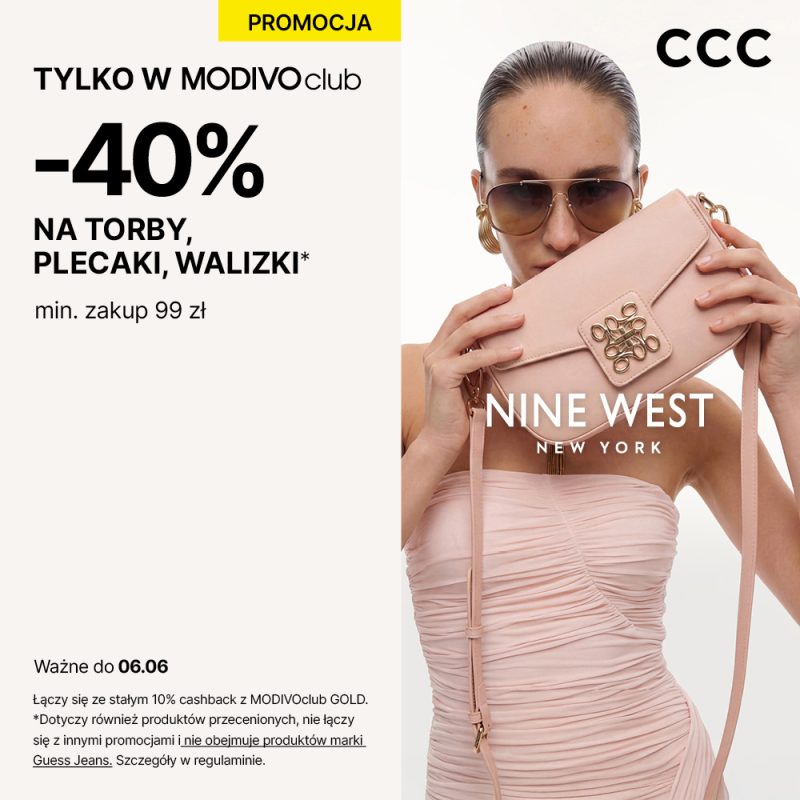 Grafika promocyjna marki CCC. Informacja o kampanii MODIVOclub: rabat 40% na asortyment toreb i walizek przy zakupie powyżej 99 zł.