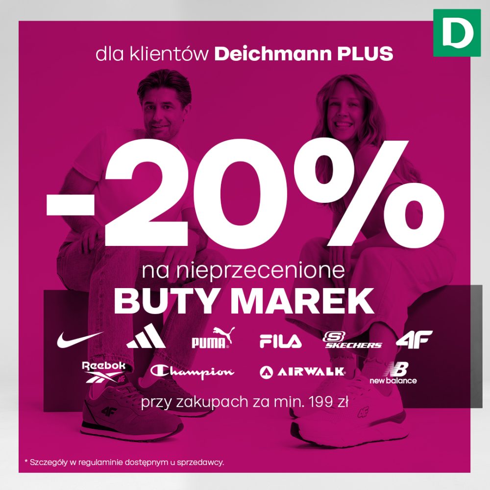 Grafika promocyjna sklepu Deichmann informująca o zniżce -20% na buty markowe przy zakupach za min. 199 zł.
