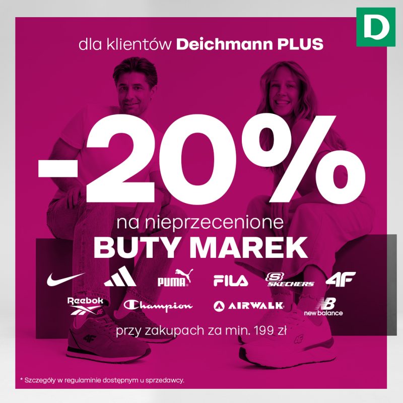 Grafika promocyjna sklepu Deichmann informująca o zniżce -20% na buty markowe przy zakupach za min. 199 zł.