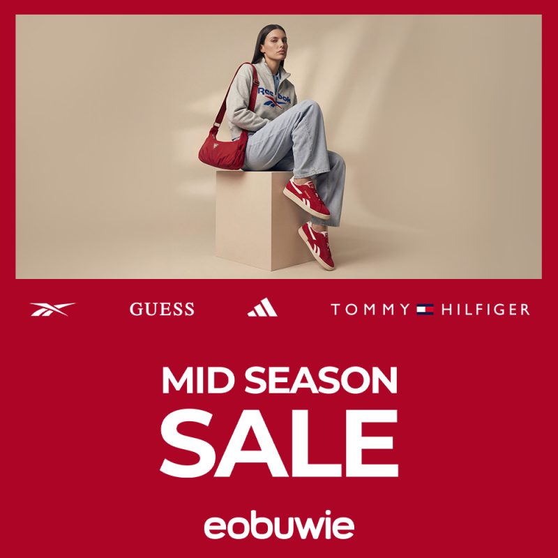 Grafika promocyjna sklepu eobuwie „Mid Season Sale” – oferta wyprzedażowa wybranych marek: Reebok, Guess, Adidas i Tommy Hilfiger.