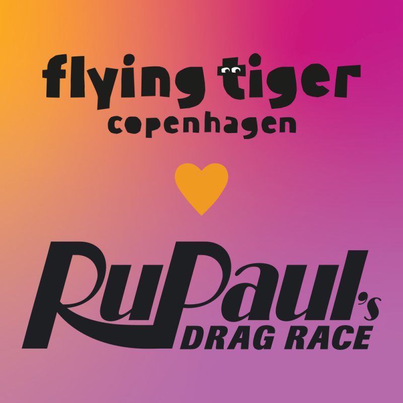 Kolorowa grafika promujące kolorową i błyszczącą linię produktów powstałą we współpracy marki Flying Tiger Copenhagen z programem RuPaul's Drag Race.