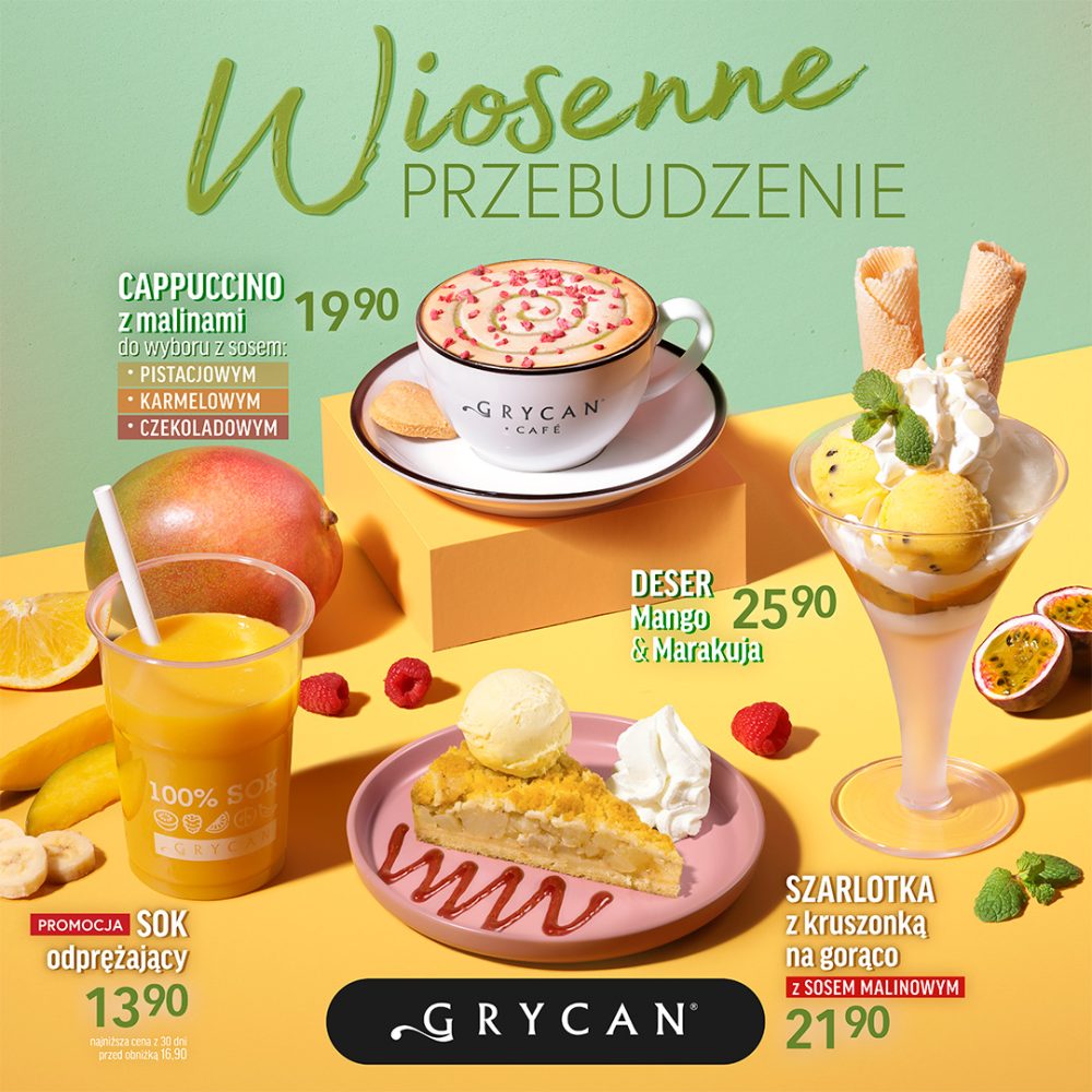 Na zdjęciu widać wiosenne menu Grycan: desery owocowe, lemoniada i zielone smoothie wraz z cenami produktów.