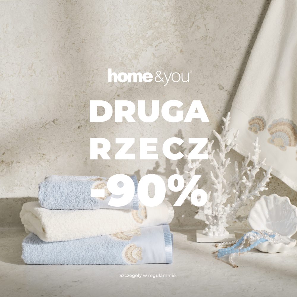 Grafika promocyjna marki home&you informująca o akcji rabatowej na drugi produkt w Pasażu Grunwaldzkim.