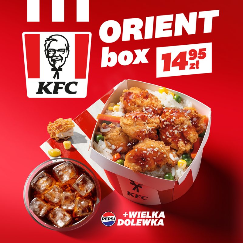 Grafika promocyjna prezentująca zestaw Orient Box dostępny w trzech smakach w ofercie limitowanej KFC.