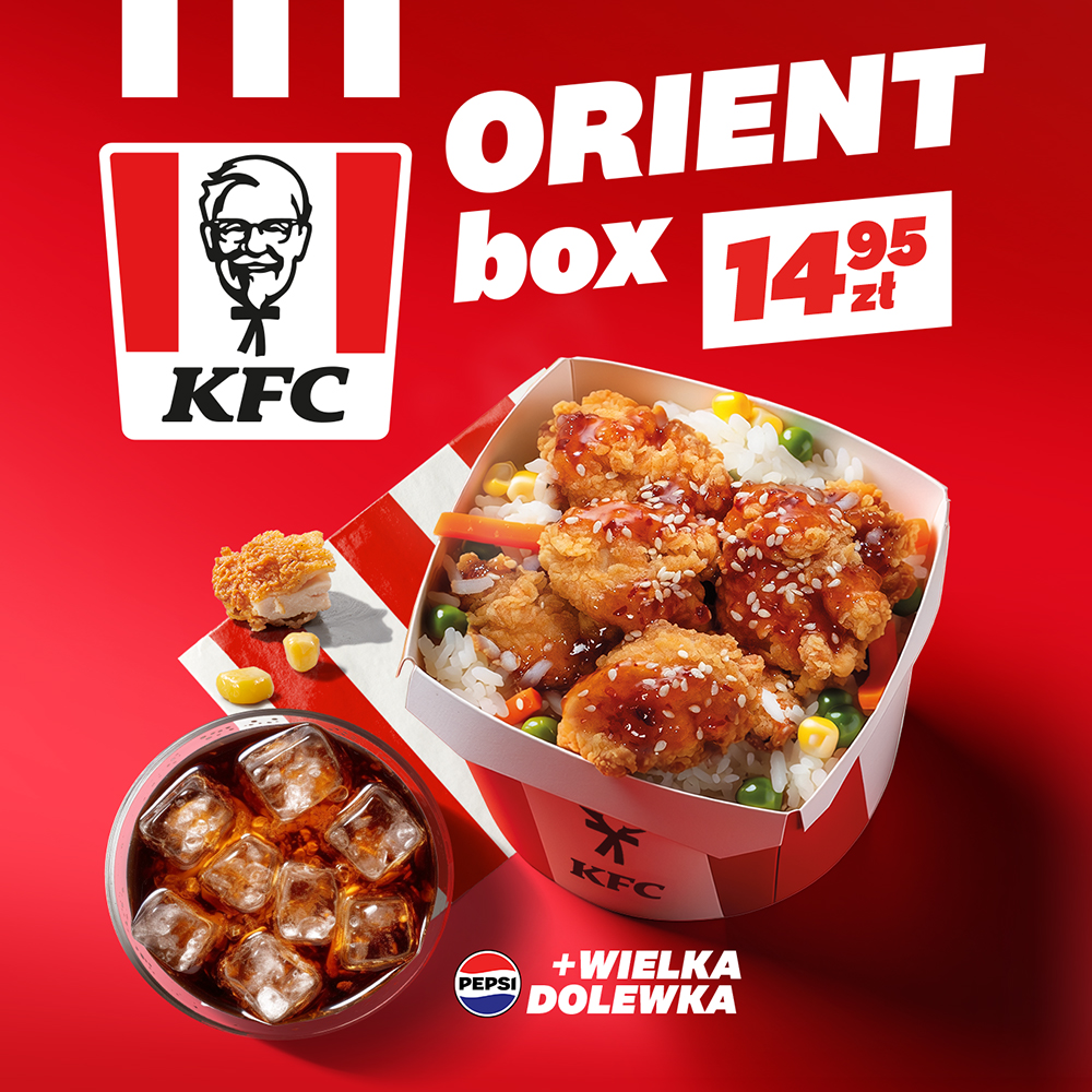 Grafika promocyjna prezentująca zestaw Orient Box dostępny w trzech smakach w ofercie limitowanej KFC.