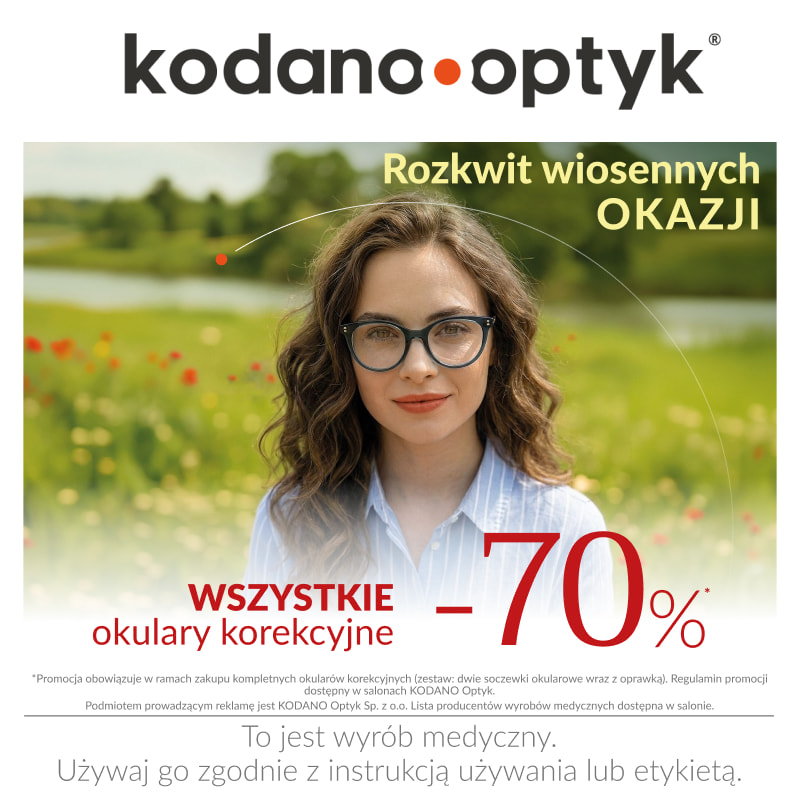Grafika promocyjna salonu Kodano Optyk z informacją o rabacie do −70% na wszystkie okulary korekcyjne; na zdjęciu kobieta w okularach na tle wiosennego, zielonego krajobrazu.