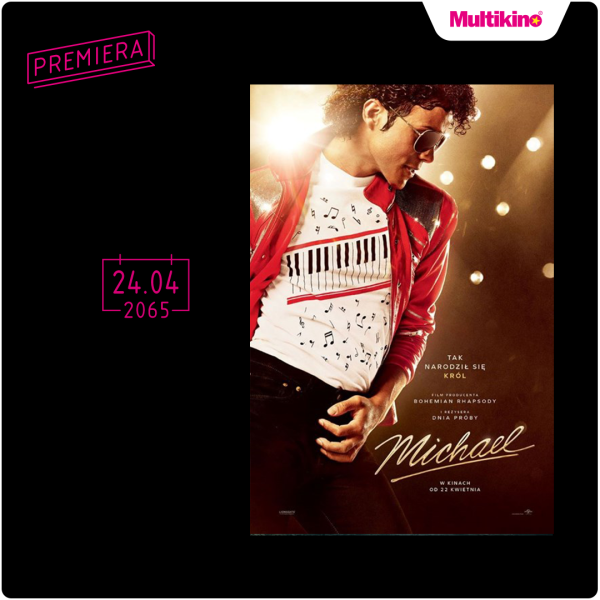 Plakat filmu biograficznego Michael prezentujący taneczną sylwetkę Michaela Jacksona.