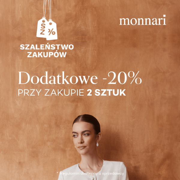 Grafika promocyjna akcji rabatowej w salonie Monnari, informująca o dodatkowej zniżce na zakupy wielosztukowe.