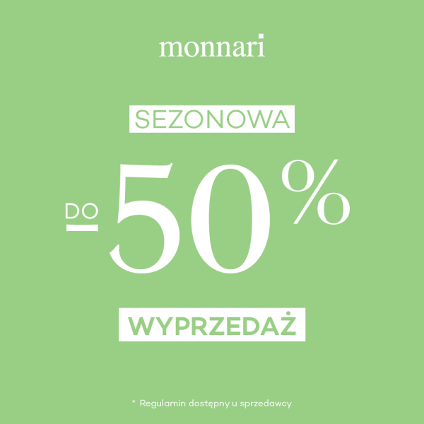 Grafika w kolorze zielonym, informująca o trwającej promocji do -50% w salonie Monnari.