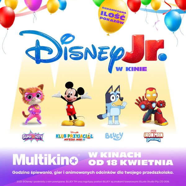 Grafika promocyjna wydarzenia Disney Junior w kinie przedstawiająca Myszkę Miki i innych bohaterów bajek Disneya w Multikinie.