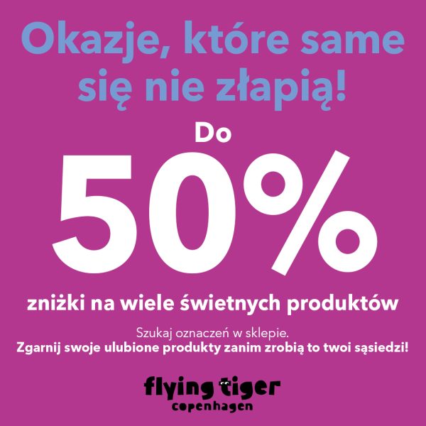 Grafika promocyjna Flying Tiger Copenhagen w Pasażu Grunwaldzkim informująca o zniżkach do -50 procent na fioletowym tle.