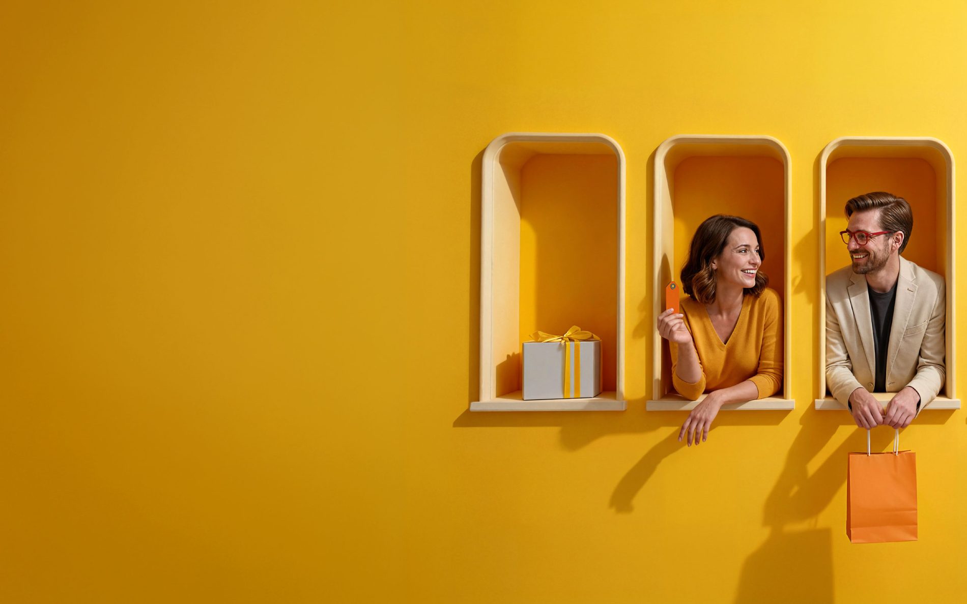 Uśmiechnięta para wychyla się z żółtych wnęk w ścianie, prezentując kartę płatniczą i torbę zakupową; po bokach znajdują się torba zakupowa i zapakowany prezent.