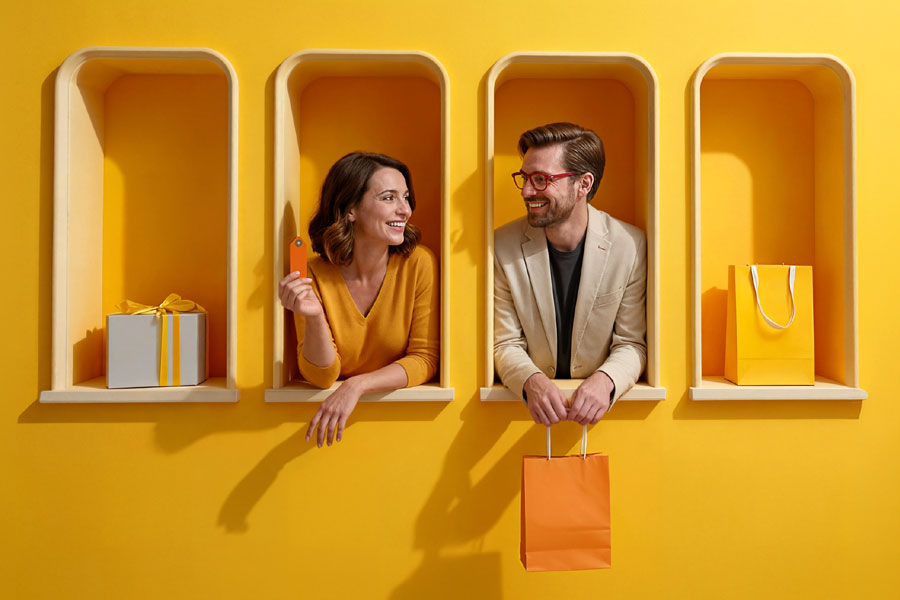 Kobieta i mężczyzna wychylają się z żółtych wnęk w ścianie, trzymając kartę płatniczą oraz torbę zakupową; obok widoczne są pudełko prezentowe i torba na zakupy.