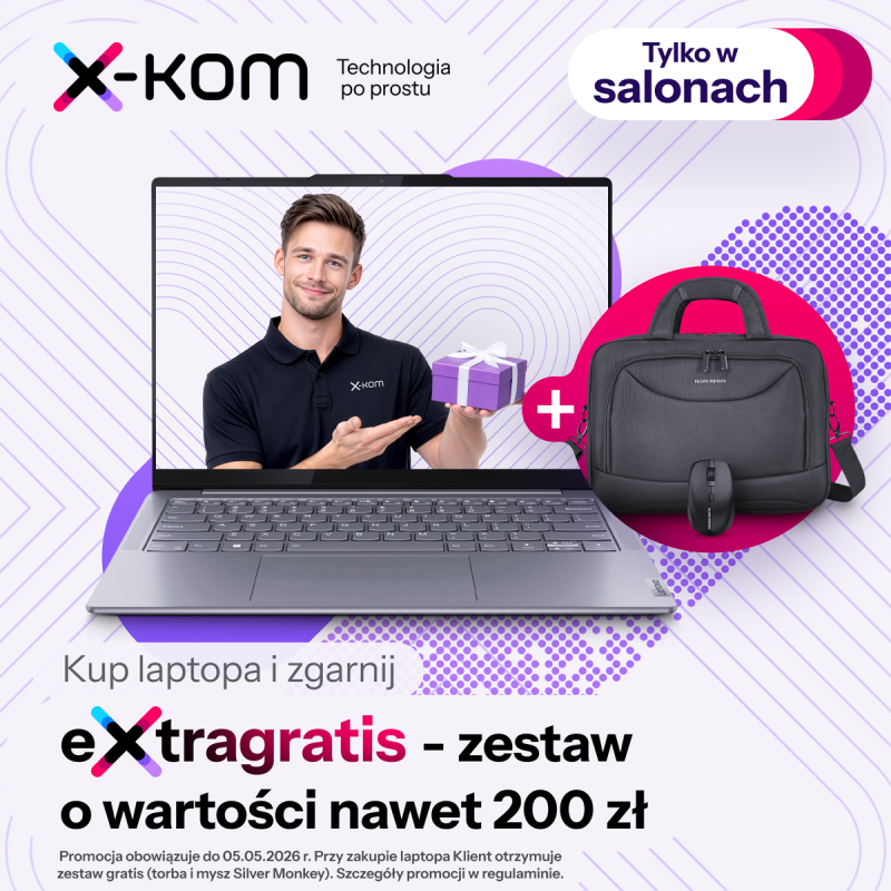 Grafika promocyjna x-kom w Pasażu Grunwaldzkim: laptop Lenovo z zestawem gratis (torba i mysz) o wartości 200 zł.