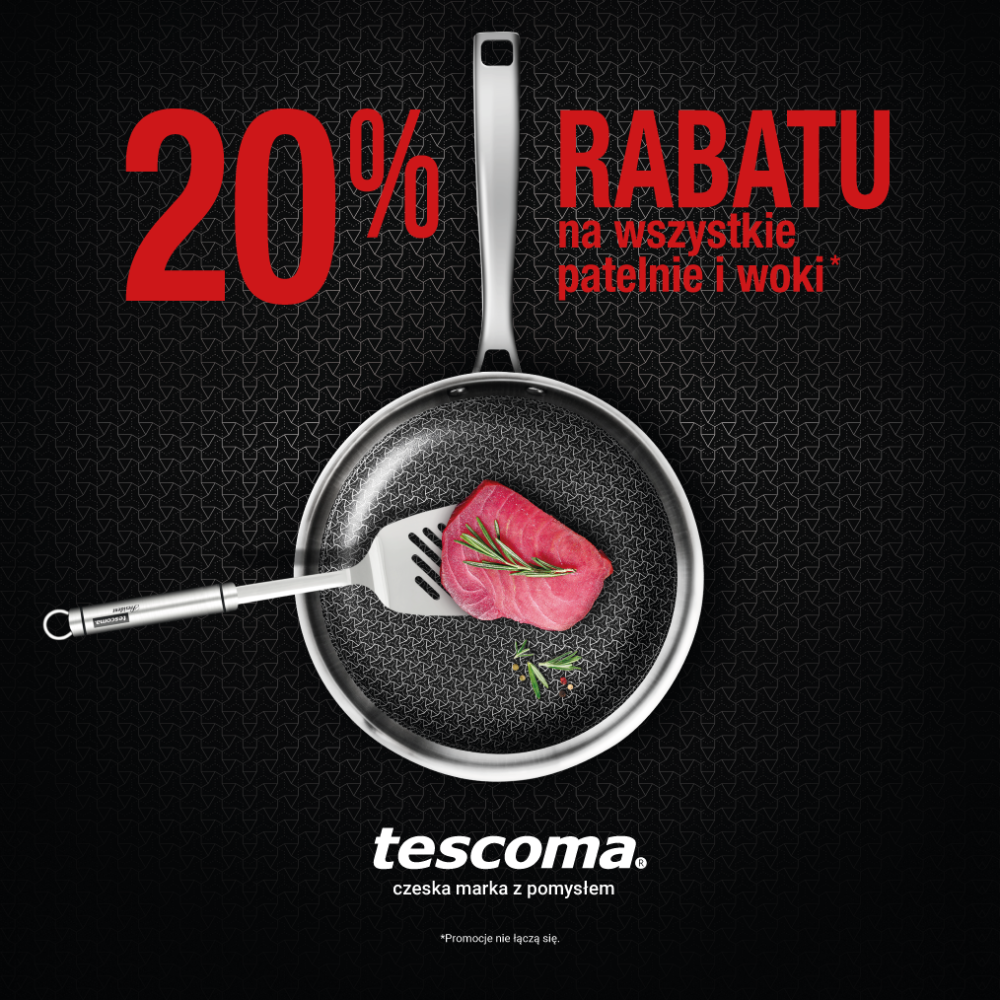 Grafika promocyjna Tescoma informująca o zniżce na cały asortyment patelni i woków, na zdjęciu znajduje się patelnia.