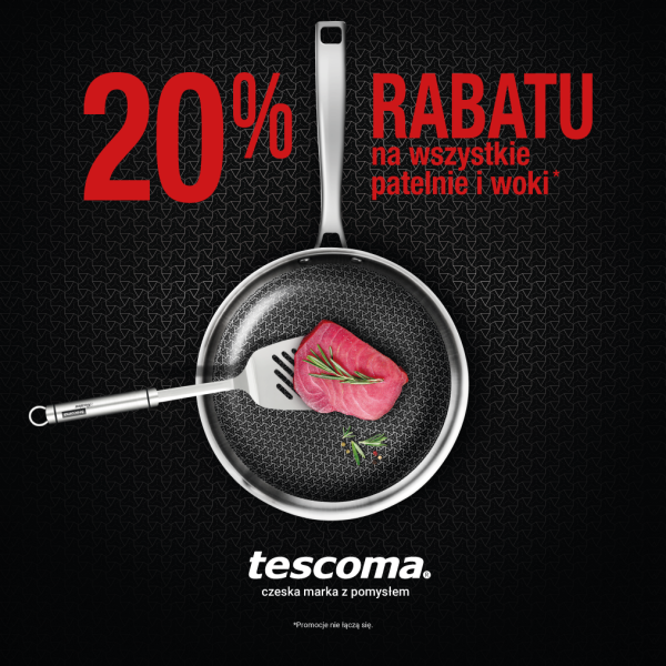 Grafika promocyjna Tescoma informująca o zniżce na cały asortyment patelni i woków, na zdjęciu znajduje się patelnia.