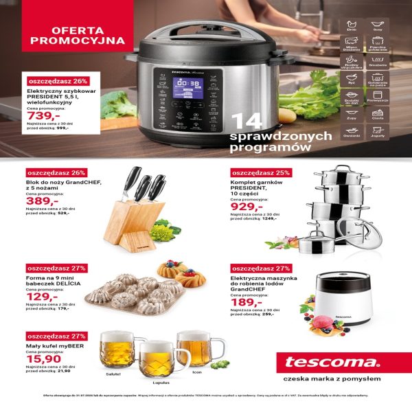 Grafika promocyjna marki Tescoma w Pasażu Grunwaldzkim, pokazane produkty, które objęte są promocją, np. szybkowar, zestaw noży, garnki.