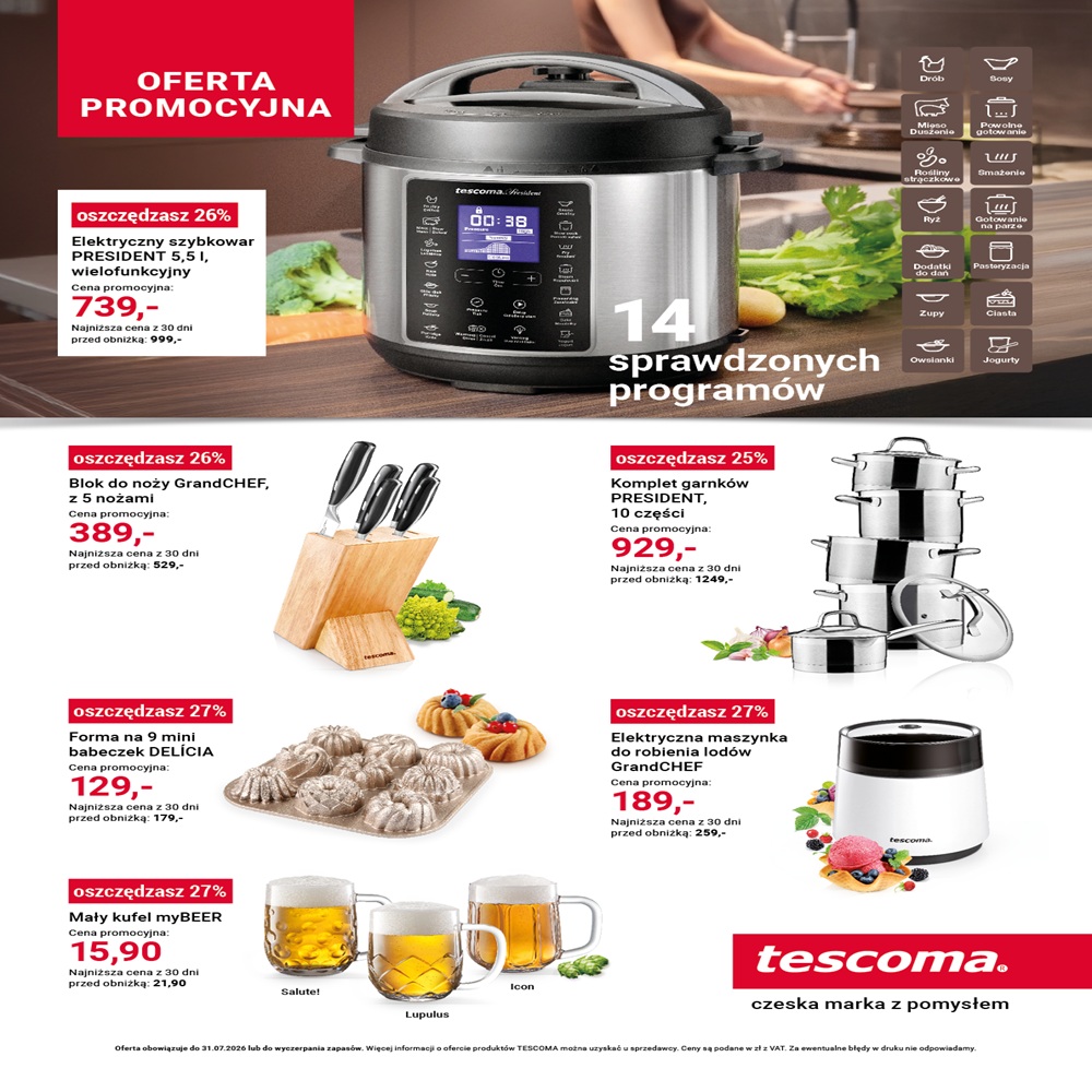 Grafika promocyjna marki Tescoma w Pasażu Grunwaldzkim, pokazane produkty, które objęte są promocją, np. szybkowar, zestaw noży, garnki.