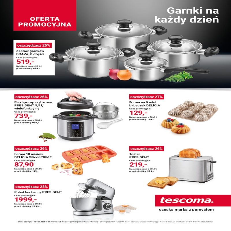 Na zdjęciu znajdują się akcesoria i naczynia kuchenne Tescoma dostępne w promocyjnych cenach.