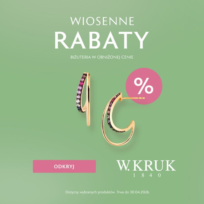 Materiał promocyjny marki W.KRUK dotyczący kwietniowej akcji rabatowej w salonie stacjonarnym we Wrocławiu.
