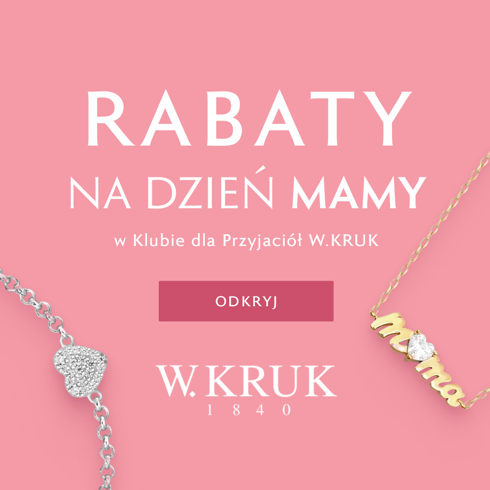 Grafika w kolorze różowym informująca o rabatach w salonie W.KRUK na Dzień Mamy.