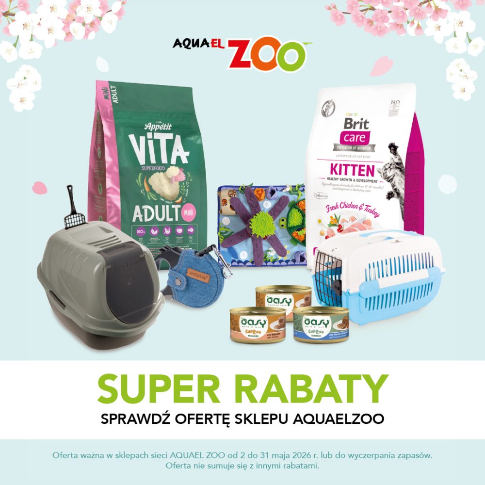 Baner promocyjny Aquael Zoo z hasłem „Super rabaty” na tle z motywem kwiatów. Na grafice widoczne artykuły dla zwierząt: karmy dla psów i kotów, transportery, kuweta, zabawki oraz puszki z jedzeniem. Informacja o ofercie obowiązującej w maju w sklepach Aquael Zoo.