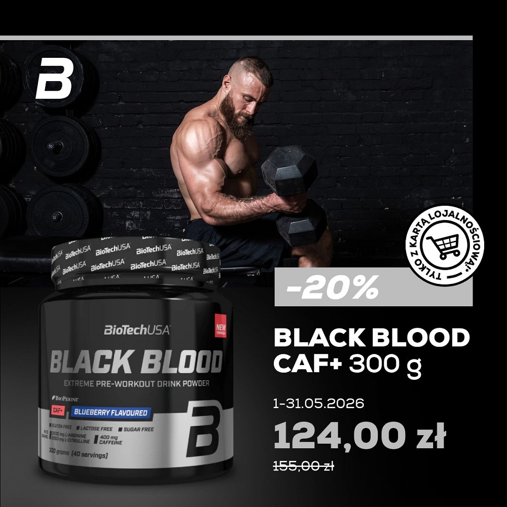 Zdjęcie przedstawia reklamę suplementu przedtreningowego Black Blood CAF+ marki BioTechUSA o smaku jagodowym w 300-gramowym opakowaniu. W tle widoczny jest umięśniony mężczyzna z brodą wykonujący ćwiczenie z hantlem na tle czarnej, ceglanej ściany w siłowni. Tekst na grafice informuje o majowej promocji obniżającej cenę ze 155,00 zł na 124,00 zł dla posiadaczy karty lojalnościowej.