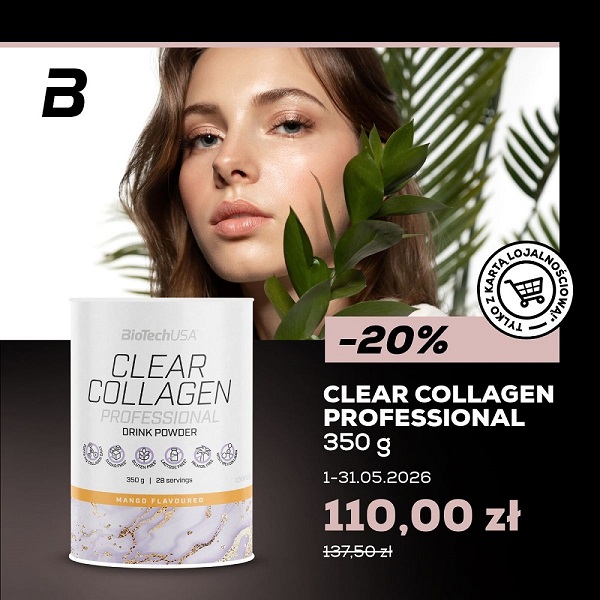 Grafika reklamowa suplementu Clear Collagen Professional marki BioTechUSA o smaku mango, przedstawiająca białe opakowanie produktu na tle portretu kobiety z gałązką liści. Tekst informuje o promocji „-20%” dla posiadaczy karty lojalnościowej, obniżającej cenę z 137,50 zł na 110,00 zł w terminie od 1 do 31 maja 2026 roku.