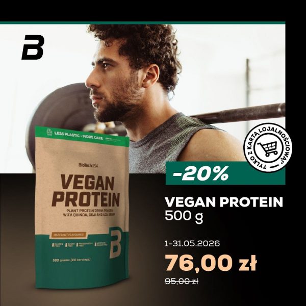 Grafika promocyjna sklepu BioTechUSA, promująca ofertę -20% na białko wegańskie, 500g.