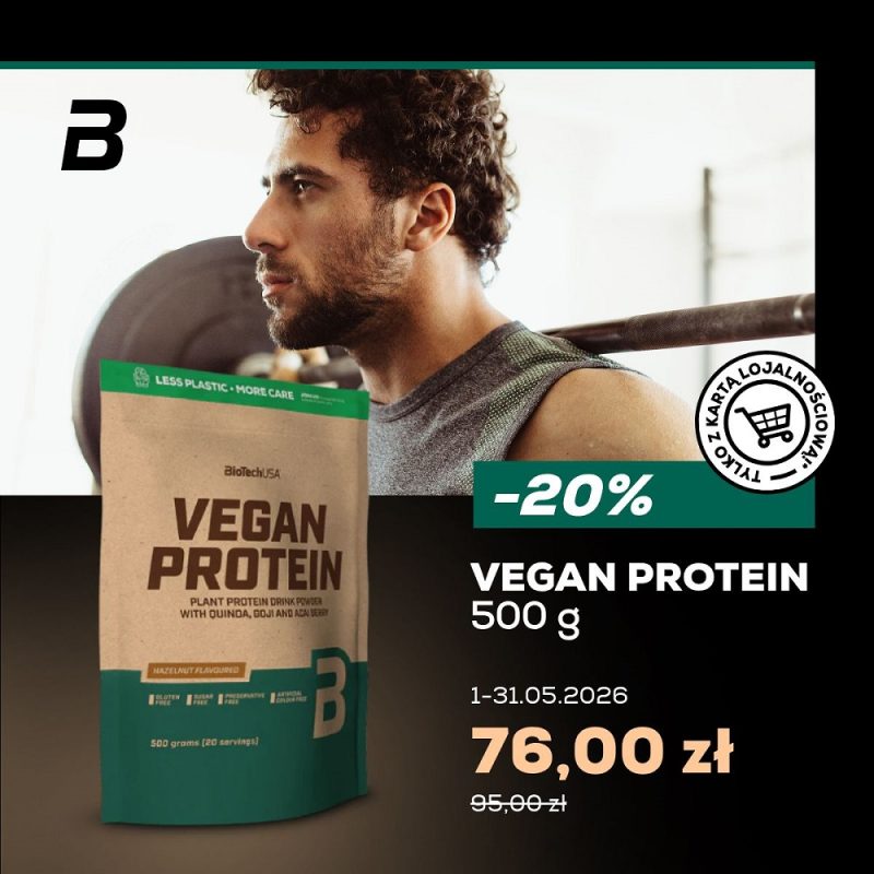 Grafika promocyjna sklepu BioTechUSA, promująca ofertę -20% na białko wegańskie, 500g.