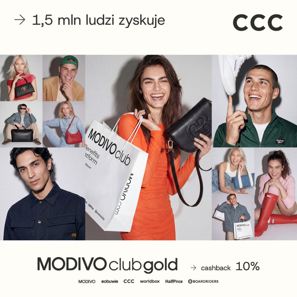 Grafika reklamowa promuje program lojalnościowy MODIVO club gold, oferujący 10% cashbacku w sklepach takich jak CCC, eobuwie czy HalfPrice. Centralną część zajmuje uśmiechnięta kobieta z torbami zakupowymi, otoczona kolażem zdjęć modeli prezentujących modne ubrania, buty i akcesoria.