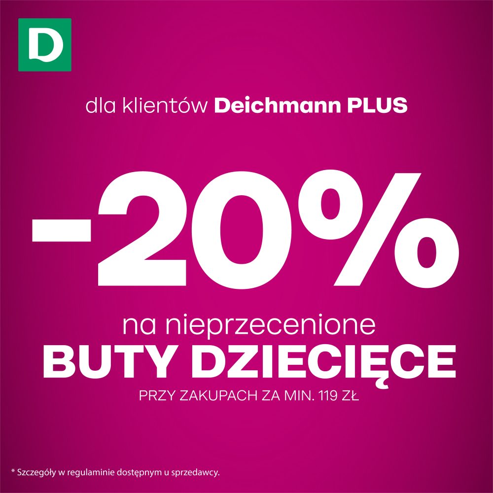 Grafika reklamowa sieci Deichmann przedstawia informację o promocji na gładkim tle w kolorze fuksji. W centralnej części umieszczono duży, biały napis „-20% na nieprzecenione BUTY DZIECIĘCE PRZY ZAKUPACH ZA MIN. 119 ZŁ” z dopiskiem dla członków programu lojalnościowego, a w lewym górnym rogu znajduje się zielone logo marki z literą D.