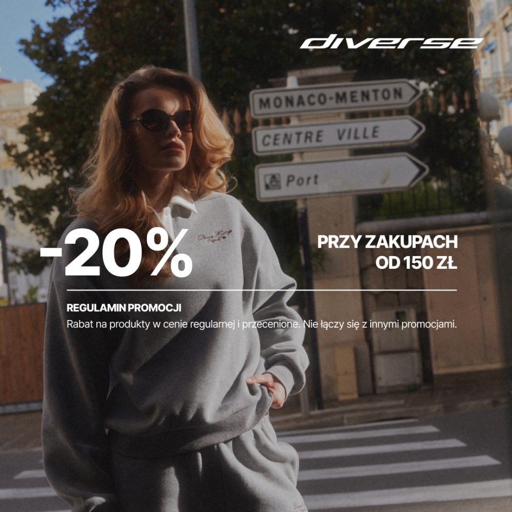 Grafika promocyjna salonu Diverse, informująca o promocji -20% przy zakupach od 150 zł. Na zdjęciu widać kobietę w szarym dresie, przechodzącą przed pasy.
