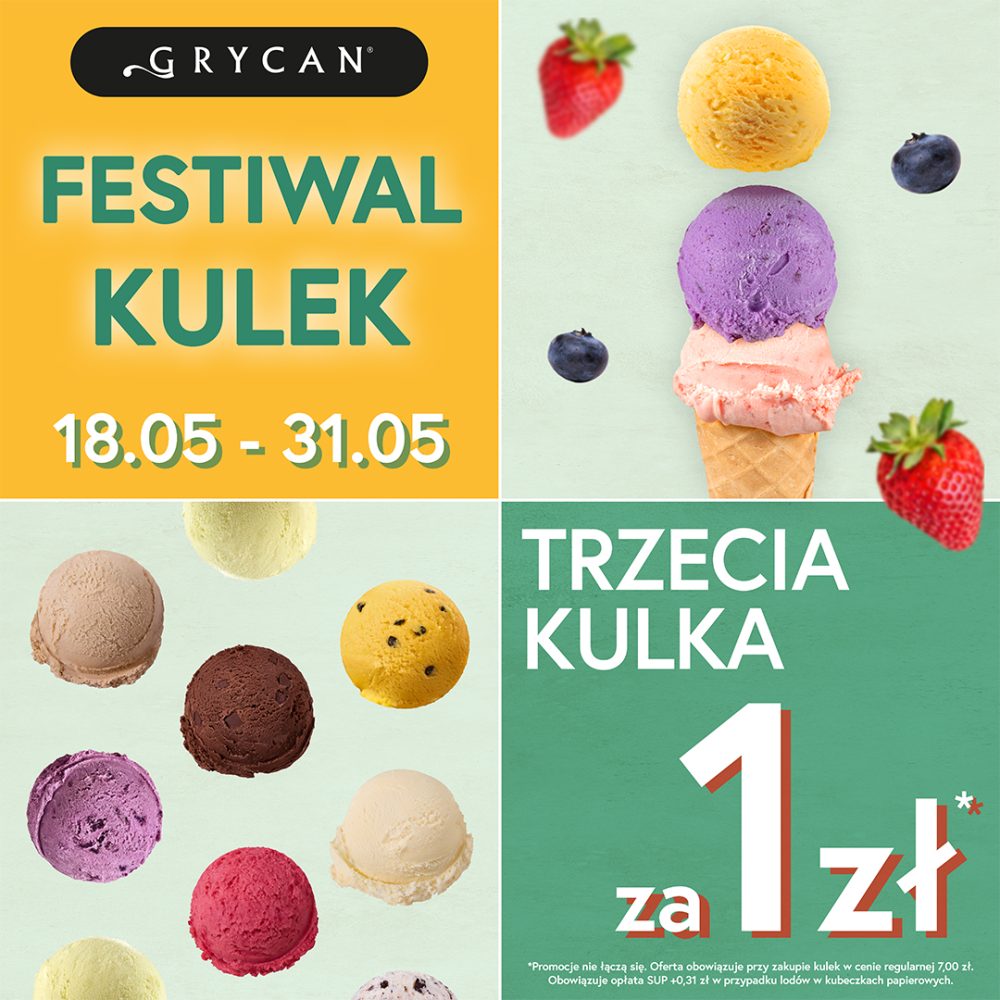Trzy kulki lodów truskawkowych, czekoladowych i waniliowych w waflowym rożku Grycan