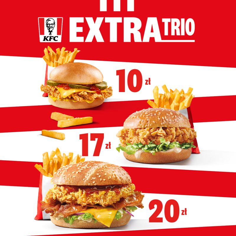 Grafika reklamowa KFC prezentująca promocję „EXTRA TRIO” z trzema burgerami z chrupiącym kurczakiem oraz frytkami na czerwono-białym tle. Na ilustracji widoczne są ceny poszczególnych zestawów: 10 zł, 17 zł oraz 20 zł.