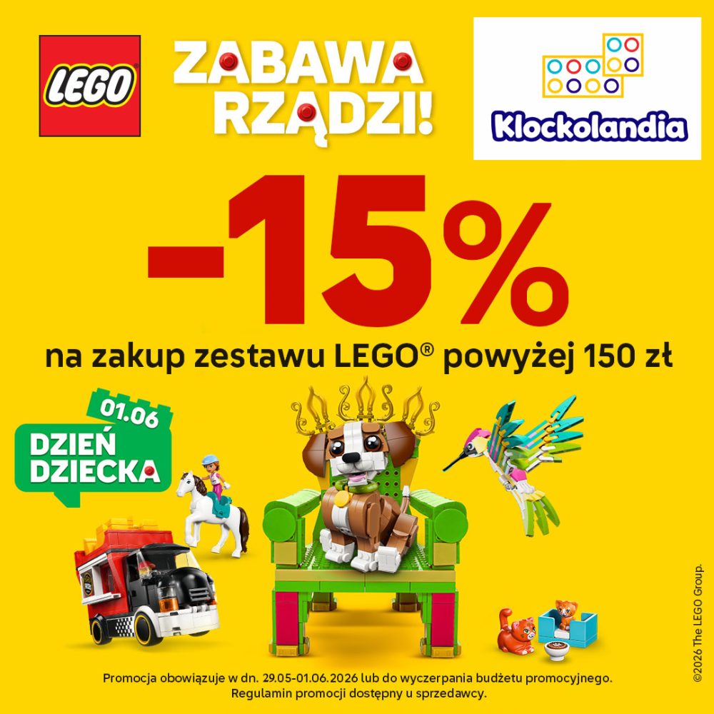 Grafika reklamowa przedstawia uśmiechniętego chłopca budującego konstrukcję z kolorowych klocków na jasnym, żółtym tle. Po lewej stronie umieszczono logotypy wydarzenia „Klockolandia” oraz marki Lego, a na dole widnieje napis zapowiadający wielkie świętowanie Dnia Dziecka.