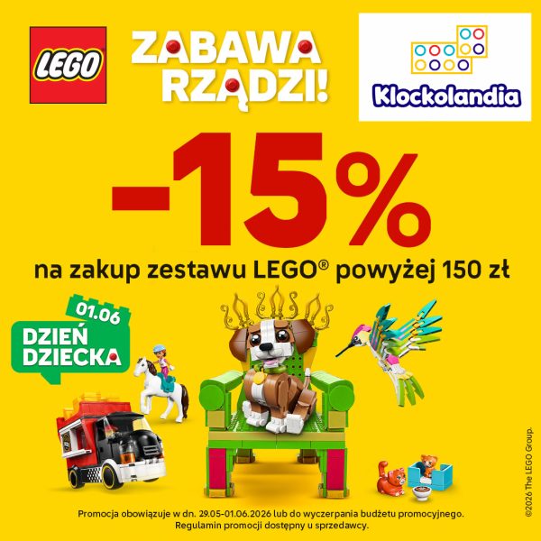 Grafika reklamowa przedstawia uśmiechniętego chłopca budującego konstrukcję z kolorowych klocków na jasnym, żółtym tle. Po lewej stronie umieszczono logotypy wydarzenia „Klockolandia” oraz marki Lego, a na dole widnieje napis zapowiadający wielkie świętowanie Dnia Dziecka.