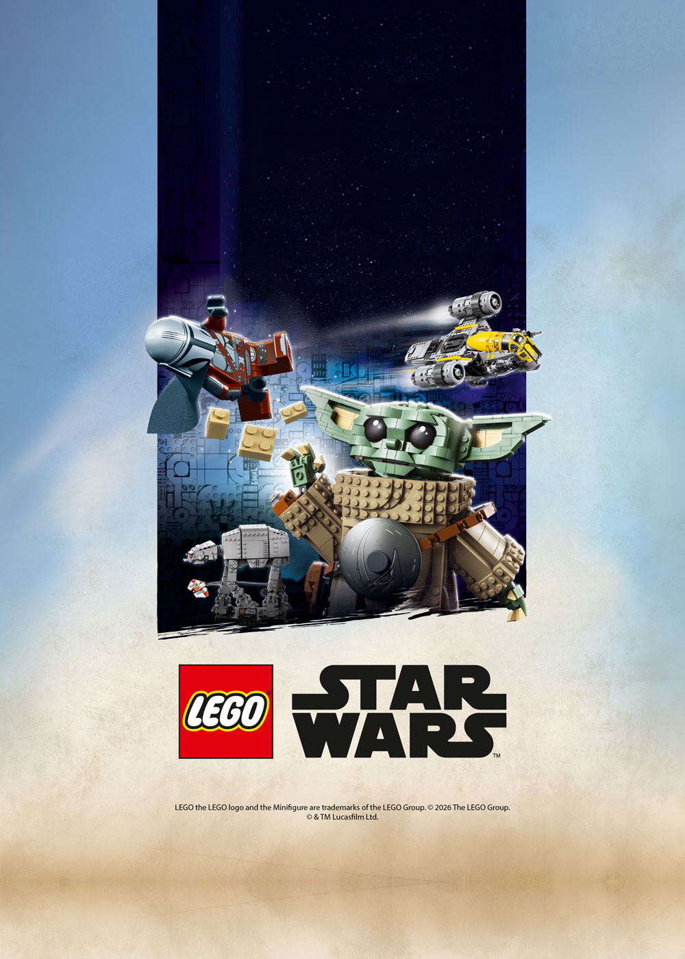 Grafika mobilna wydarzenia LEGO Star Wars w Pasażu Grunwaldzkim przedstawiająca Grogu i statki kosmiczne z klocków