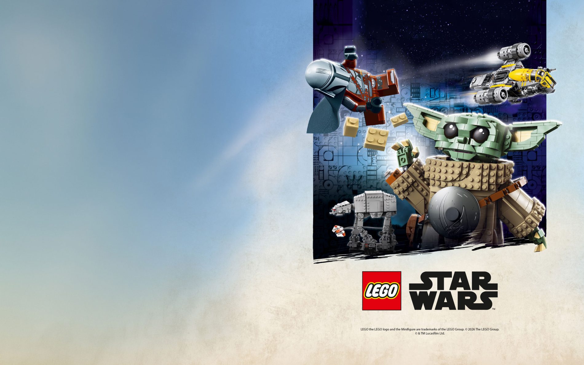 Wielka figura Grogu z klocków LEGO oraz informacja o wydarzeniu Star Wars w Pasażu Grunwaldzkim we Wrocławiu