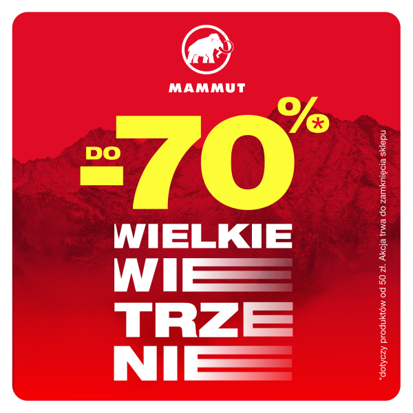 Czerwona grafika promocyjna Wielkie Wietrzenie w salonie Mammut Pasaż Grunwaldzki rabaty do 70 procent