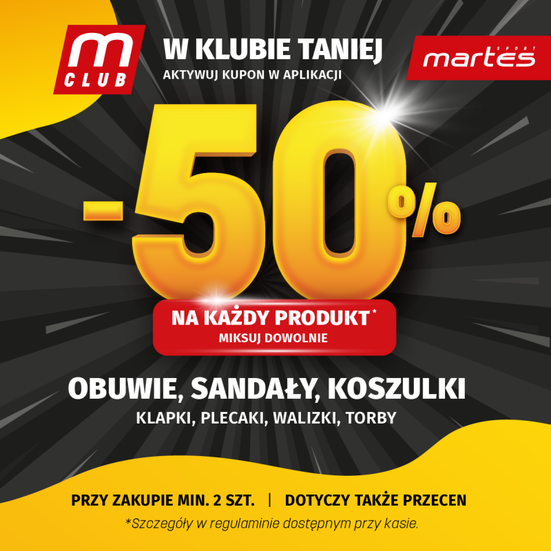 Baner promocyjny Martes Sport z dużym napisem „-50%” na czarnym tle z efektami świetlnymi. Informacja o rabacie na każdy produkt przy zakupie minimum 2 sztuk, z wyszczególnieniem kategorii: obuwie, sandały, koszulki, klapki, plecaki, walizki i torby. Widoczne logo M Club oraz komunikat o aktywacji kuponu w aplikacji.