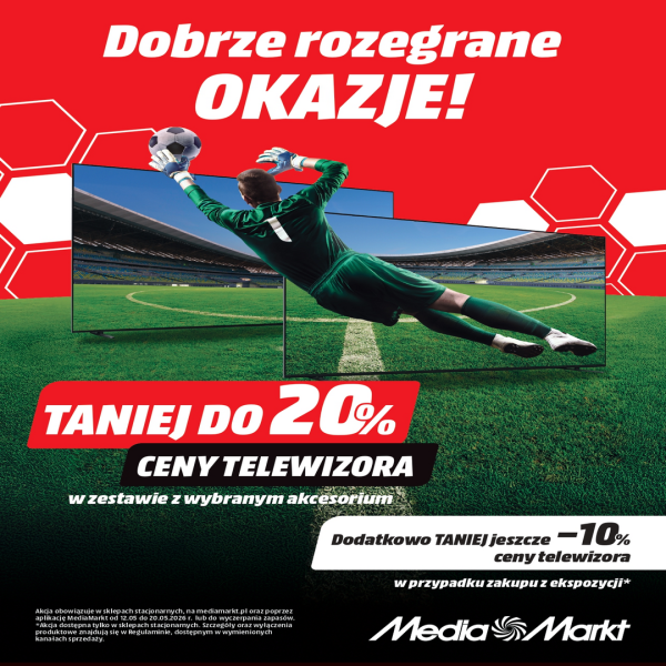Grafika promocyjna MediaMarkt przedstawia nowoczesny telewizor z wyświetlonym obrazem górskiego krajobrazu, umieszczony na tle jasnego salonu. Obok urządzenia widnieje czerwona ikona z napisem RABAT, zachęcająca do skorzystania z aktualnej oferty cenowej na sprzęt RTV.
