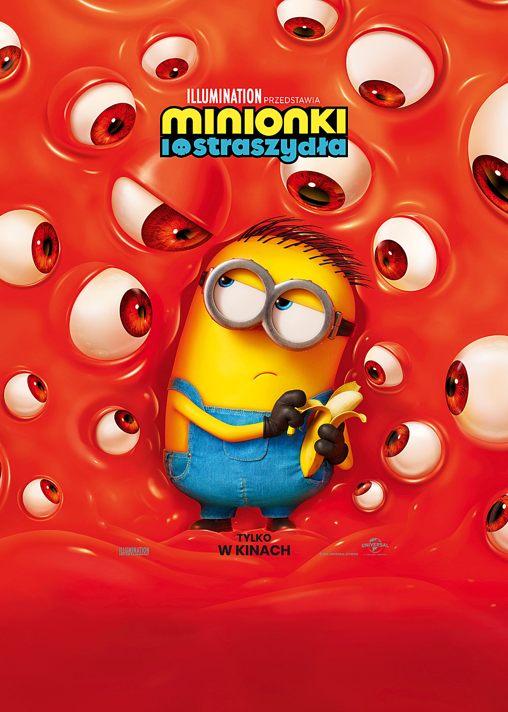 Kadr z animacji przedstawia Minionka trzymającego banana na tle surrealistycznej ściany z ruchomych, czerwonych oczu. Całość utrzymana jest w żywej, ciepłej kolorystyce, podkreślającej humorystyczny, a zarazem tajemniczy charakter produkcji.
