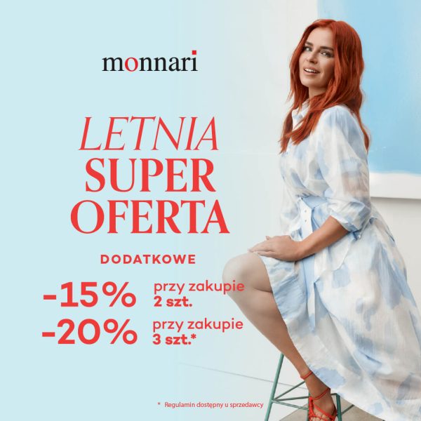 Grafika promocyjna sklepu Monnari, widać na niej kobietę, ubraną w letnią sukienkę, obok informacja o promocji do -20%.