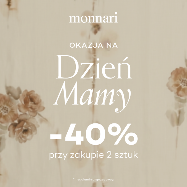 Elegancka grafika marki Monnari z okazji Dnia Matki utrzymana jest w stonowanej, beżowej kolorystyce z delikatnym motywem kwiatowym w tle. Na pierwszym planie widnieje biały napis informujący o rabacie -40% przy zakupie dwóch sztuk produktów.
